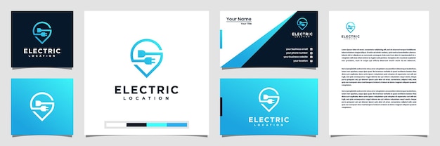 Vecteur création de logo d'emplacement électrique créatif, avec le concept d'une carte de visite et d'un papier à en-tête de logo d'épingle