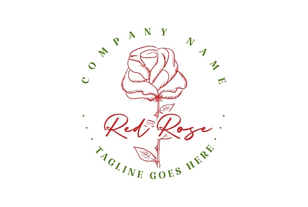 Vecteur création de logo fleur rose rouge dessiné à la main rétro vintage