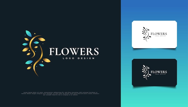 Création De Logo De Fleurs élégantes En Bleu Et Or, Adaptée à L'identité De Produit De Spa, De Beauté, De Fleuriste, De Complexe Ou De Cosmétique