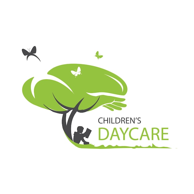 Vecteur création de logo de garderie pour enfants avec papillon et arbre