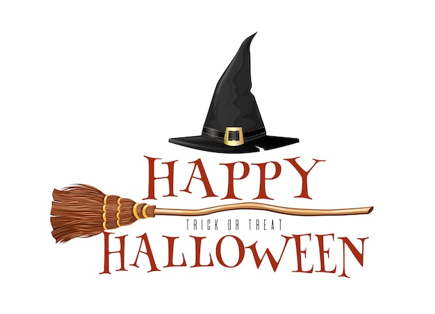 Création de logo Halloween avec balai de sorcière et chapeau de sorcière triangulaire isolé sur blanc. Illustration vectorielle