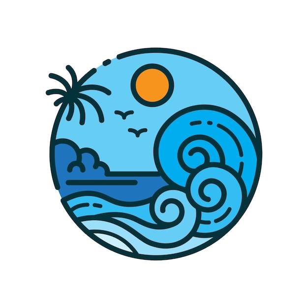 Création De Logo D'île Tropicale Avec Illustration Vectorielle De Style De Ligne De Vagues Bleues