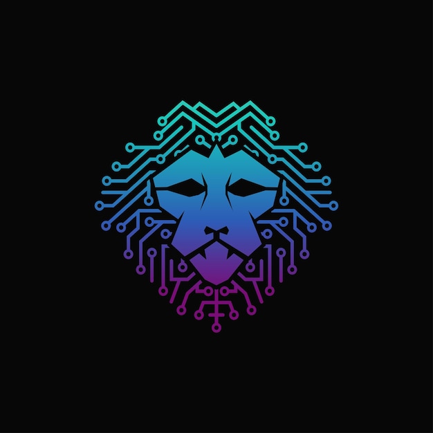 Création De Logo D'illustration Vectorielle De Tête De Lion Technologie Avec Dégradé De Couleur