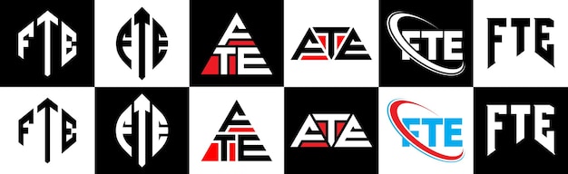 Vecteur création de logo de lettre fte dans six styles cercle de polygone fte triangle hexagone style plat et simple avec logo de lettre de variation de couleur noir et blanc situé dans un plan de travail logo minimaliste et classique fte