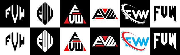 Création De Logo De Lettre Fvw Dans Six Styles Fvw Polygone Cercle Triangle Hexagone Style Plat Et Simple Avec Logo De Lettre De Variation De Couleur Noir Et Blanc Situé Dans Un Plan De Travail Logo Minimaliste Et Classique Fvw