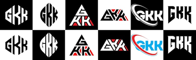 Vecteur création de logo de lettre gkk dans six styles cercle de polygone gkk triangle hexagone style plat et simple avec logo de lettre de variation de couleur noir et blanc situé dans un plan de travail logo minimaliste et classique gkk