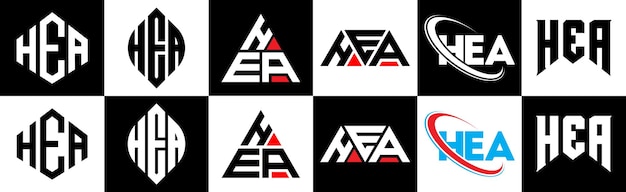 Création de logo de lettre HEA dans six styles HEA polygone cercle triangle hexagone style plat et simple avec logo de lettre de variation de couleur noir et blanc situé dans un plan de travail Logo minimaliste et classique HEA