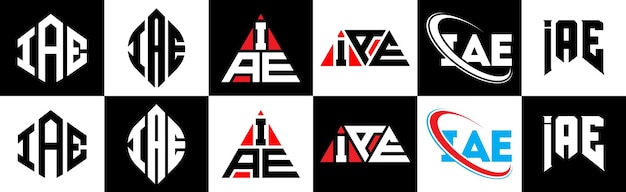 Création de logo de lettre IAE dans six styles IAE polygone cercle triangle hexagone style plat et simple avec logo de lettre de variation de couleur noir et blanc situé dans un plan de travail Logo minimaliste et classique IAE