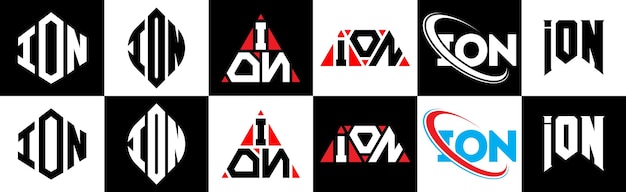Création de logo de lettre ION dans six styles ION polygone cercle triangle hexagone style plat et simple avec logo de lettre de variation de couleur noir et blanc situé dans un plan de travail Logo minimaliste et classique ION
