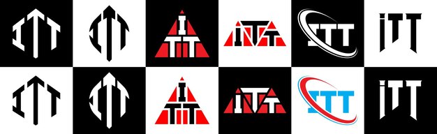 Création de logo de lettre ITT dans six styles Cercle de polygone ITT triangle hexagone style plat et simple avec logo de lettre de variation de couleur noir et blanc situé dans un plan de travail Logo minimaliste et classique ITT