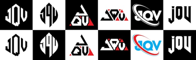 Vecteur création de logo de lettre jqv dans six styles jqv polygone cercle triangle hexagone style plat et simple avec logo de lettre de variation de couleur noir et blanc situé dans un plan de travail logo minimaliste et classique jqv