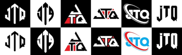 Vecteur création de logo de lettre jtq dans six styles jtq polygone cercle triangle hexagone style plat et simple avec logo de lettre de variation de couleur noir et blanc situé dans un plan de travail logo minimaliste et classique jtq