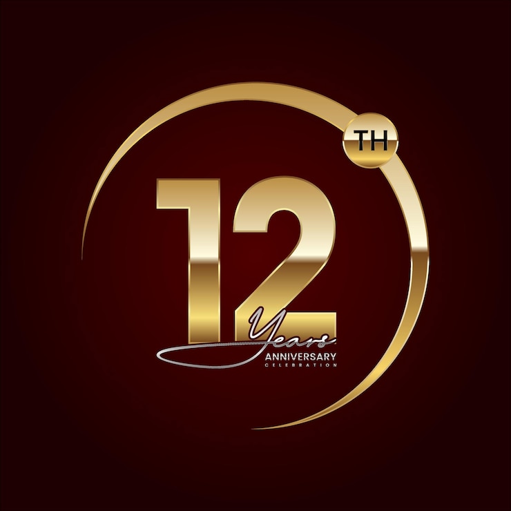 Vecteur création de logo de luxe du 12e anniversaire avec anneau doré texte de style manuscrit modèle vectoriel de logo