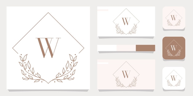 Vecteur création de logo de luxe lettre w avec modèle de cadre floral, conception de carte de visite