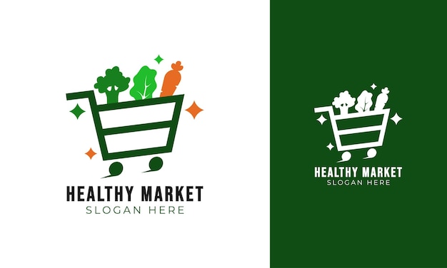 Création de logo de marché sain avec un concept de panier et de légumes