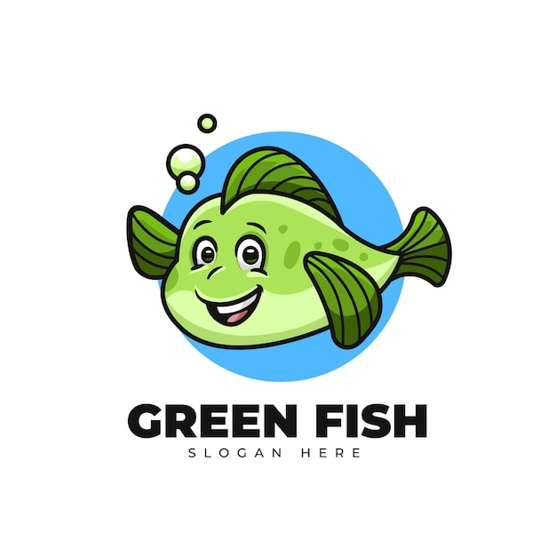 Création de logo de mascotte mignon poisson vert dessin animé créatif