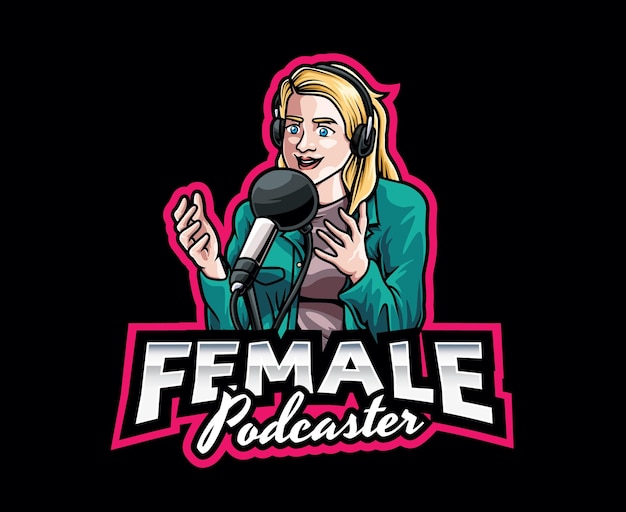 Vecteur création de logo de mascotte de podcasteur féminin