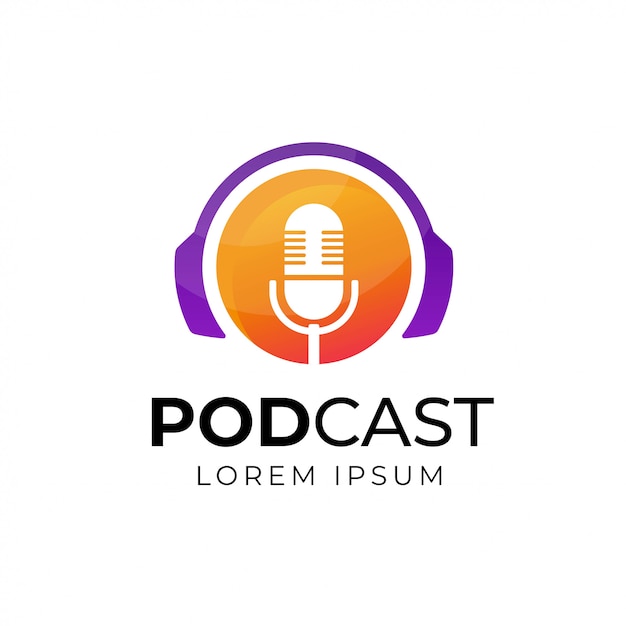 Vecteur création de logo de podcast ou de radio à l'aide de l'icône du microphone et du casque