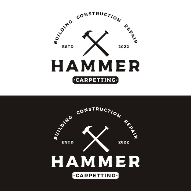 Vecteur création de logo rétro vintage avec marteau et clous croiséslogo pour les services de réparation à domicile menuiseriebadges travail du bois