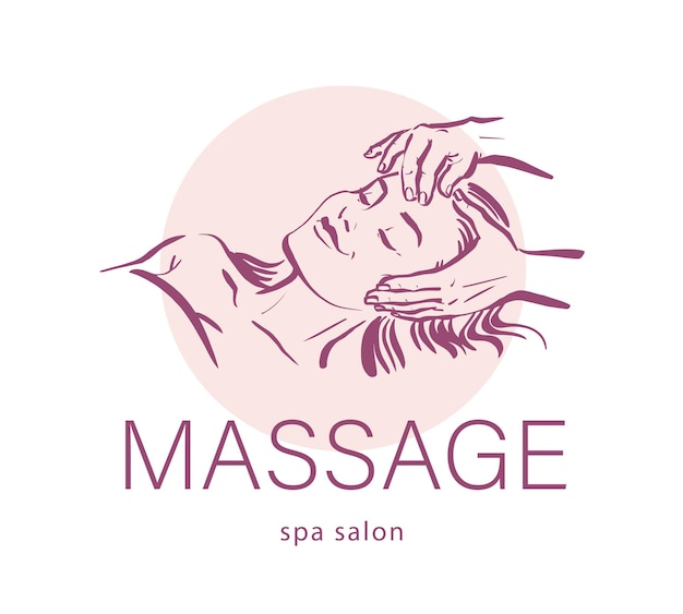 Création de logo de salon de spa de massage Mains humaines massant le visage de modèle de belle dame portant Illustration vectorielle de croquis dessinés à la main Pour l'emblème du centre de spa de bien-être de massage