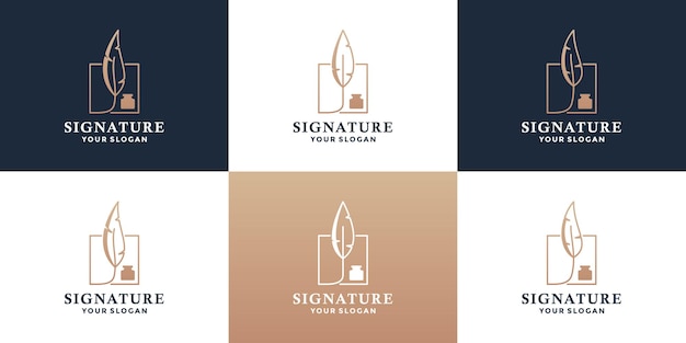 Création De Logo De Signature Groupée. Stylo Plume, Cadre De Symbole De Logo De Papeterie