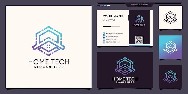 Création De Logo De Technologie à Domicile Avec Style De Dessin Au Trait Hexagonal Et Conception De Carte De Visite Vecteur Premium