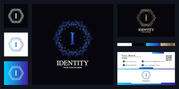 Création De Modèle De Logo Lettre I Luxe Ornement Fleur Cadre Avec Carte De Visite.