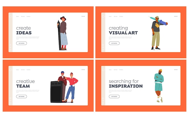 Creative People Team Landing Page Template Set Personnages Designers Artistes Peintres Prêts à Créer Des Projets