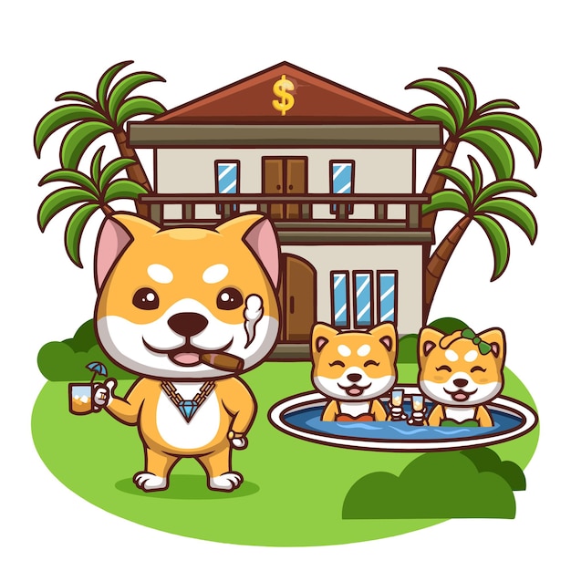 Creative Rich Doge Villa Piscine Cartoon Illustration Mignonne