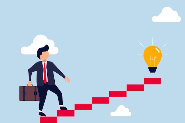 Créativité Pour Les Hommes D'affaires D'idées D'entreprise Commencent à Marcher Sur La Ligne électrique Comme Escalier Vers Une Ampoule à Grande Idée