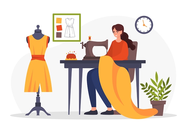 Vecteur une créatrice de mode au travail sort une nouvelle collection de vêtements. une employée assise dans un tissu d'atelier.