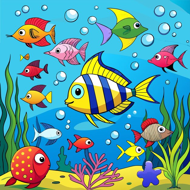 Créatures Marines D'aquarium Poissons Sous-marins Tropicaux Faune Marine Dessinés à La Main Dessin Animé Plat élégant