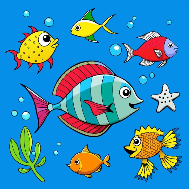 Créatures Marines D'aquarium Poissons Sous-marins Tropicaux Faune Marine Dessinés à La Main Dessin Animé Plat élégant