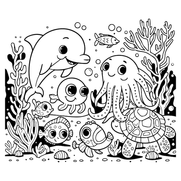 Vecteur creatures de la mer joie pour les enfants page de coloriage