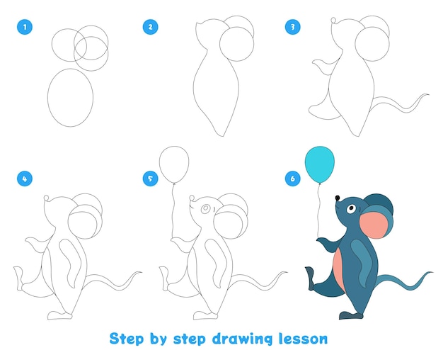 Créer une illustration pas à pas Feuille imprimée pour un cahier d'écolier pour enfant Souris