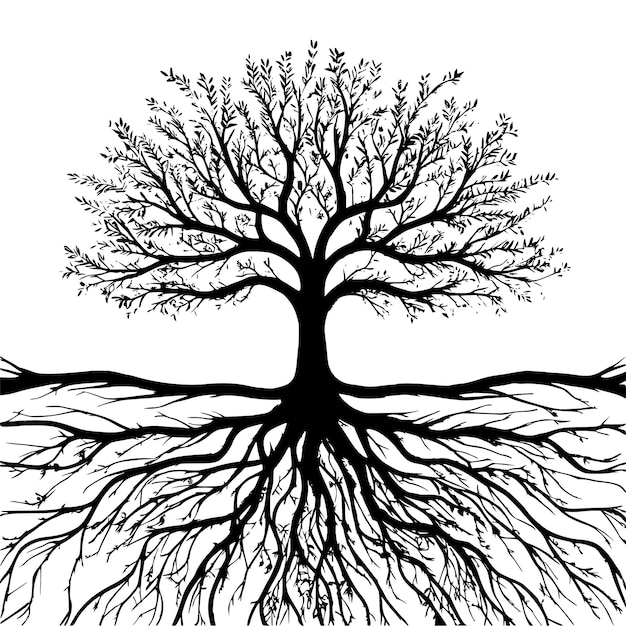 Créez une illustration détaillée d'une silhouette d'arbre noir avec des racines et des branches complexes
