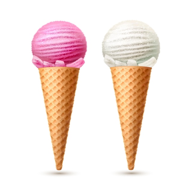 Crème glacée en cornet gaufré avec illustration de vanille et fraise