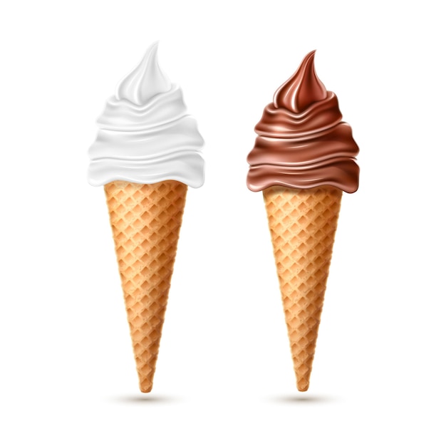 Crème glacée en cornet gaufré à la vanille et saveur de chocolat. Dessert sucré réaliste