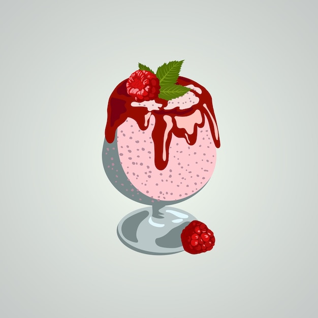 Vecteur crème glacée dans un bol à dessert en verre avec framboises et sauce aux fraises illustration vectorielle