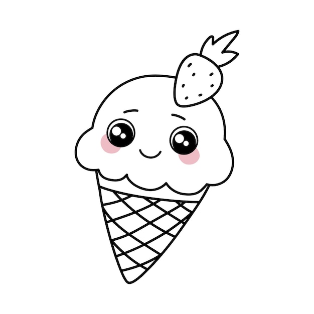 Vecteur crème glacée avec de grands yeux mignons et des joues roses. dessert de dessin animé kawaii mignon. caractère de doodle de ligne
