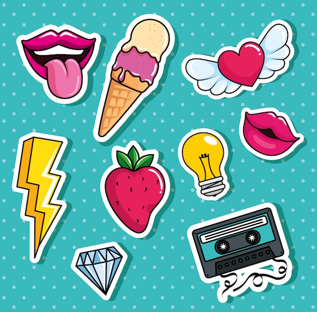 Crème glacée et set d'icônes style pop art