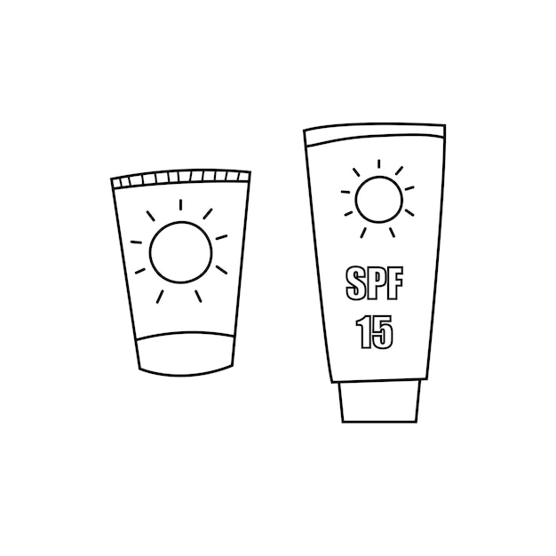 Vecteur crème de protection solaire d'été doodle illustrations d'art en ligne ensemble spf 15 concept de corps