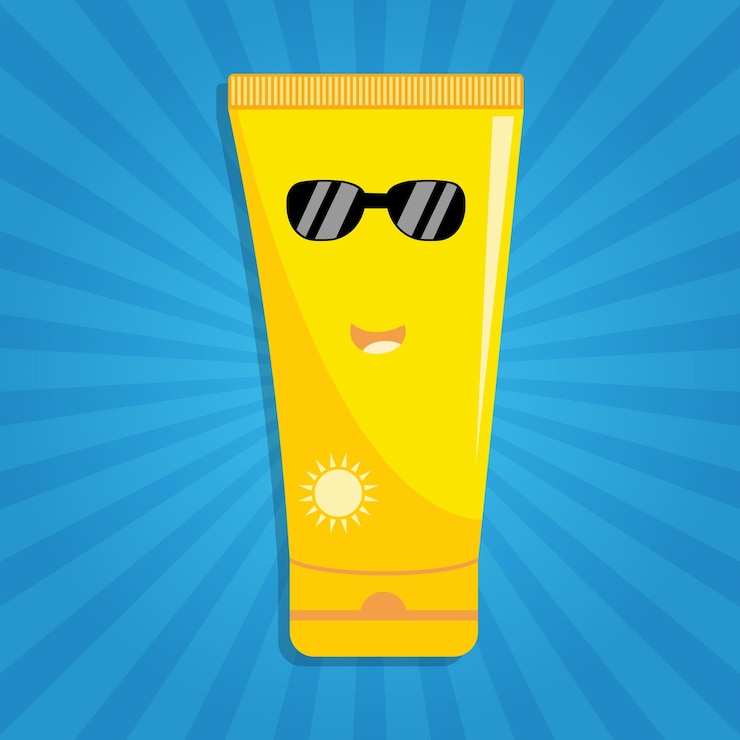 Vecteur crème solaire crème tube cool lunettes de soleil vecteur lotion de beauté dorée jaune