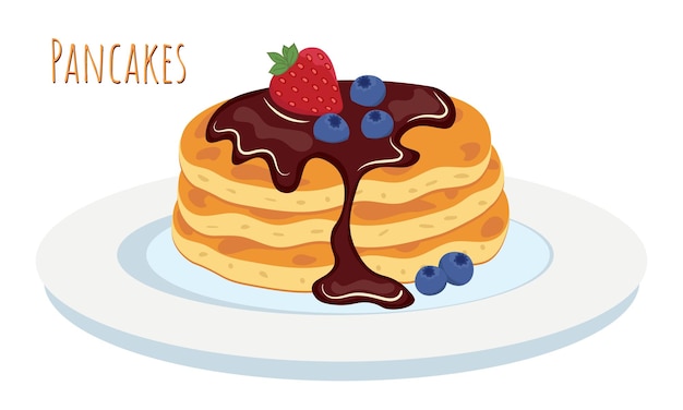 Crêpes sur plaque avec garniture au chocolat fraise et bleuets petit-déjeuner américain traditionnel