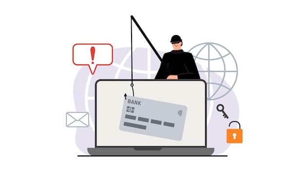 Vecteur le criminel derrière un ordinateur portable, un ordinateur. l'exploitation minière cachée. notifications d'hameçonnage. piratage de compte. un fraudeur vole une carte bancaire. sécurité internet. phishing internet, nom d'utilisateur et mot de passe piratés.