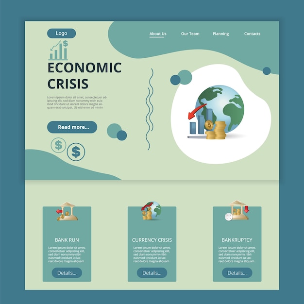Vecteur crise économique, page de destination plate, modèle de site web, gestion bancaire