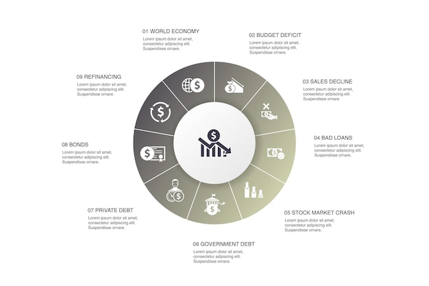 Crise financière Infographie 10 étapes cercle design.déficit budgétaire, créances irrécouvrables, dette publique, icônes simples de refinancement