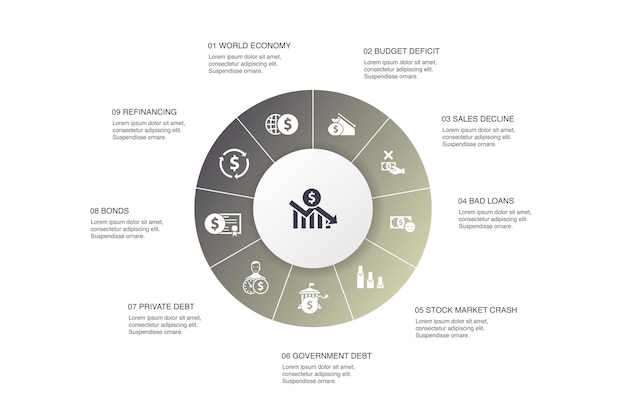 Crise Financière Infographie 10 étapes Cercle Design.déficit Budgétaire, Créances Irrécouvrables, Dette Publique, Icônes Simples De Refinancement