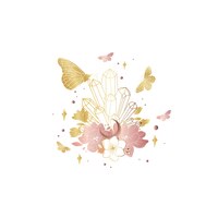 Cristaux mystiques, papillons et fleurs illustration dorée