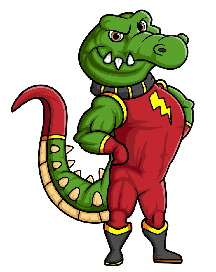 Vecteur le crocodile au corps musclé vêtu d'un costume de super héros rouge